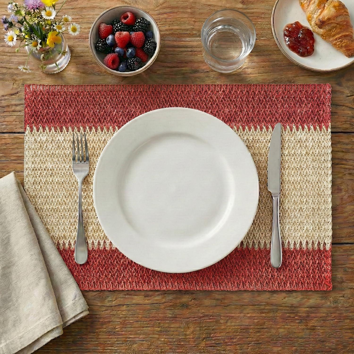image:imageArtoid Mode Light Green Paper Woven Farmhouse Stripe Placemats Set of 412x18 Inch Seasonal Holiday Table Mats Party Kitchen Dining DecorationRed