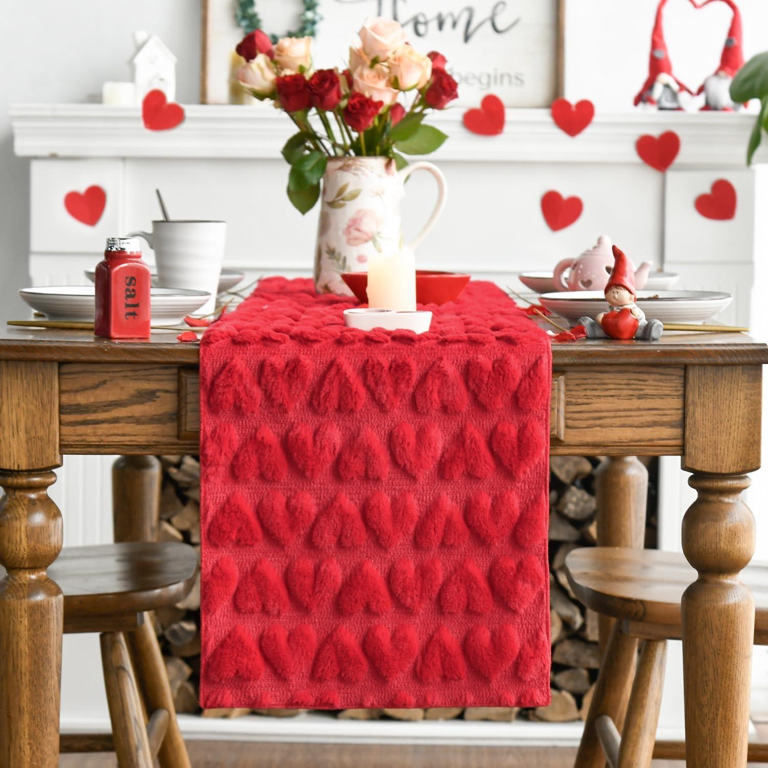 image:imageArtoid Mode White Soft Plush Faux Fur Jacquard Heart Valentines Day Table Runner Seasonal Kitchen Dining Table Decoration for Home Party Decor 13x72 InchRed
