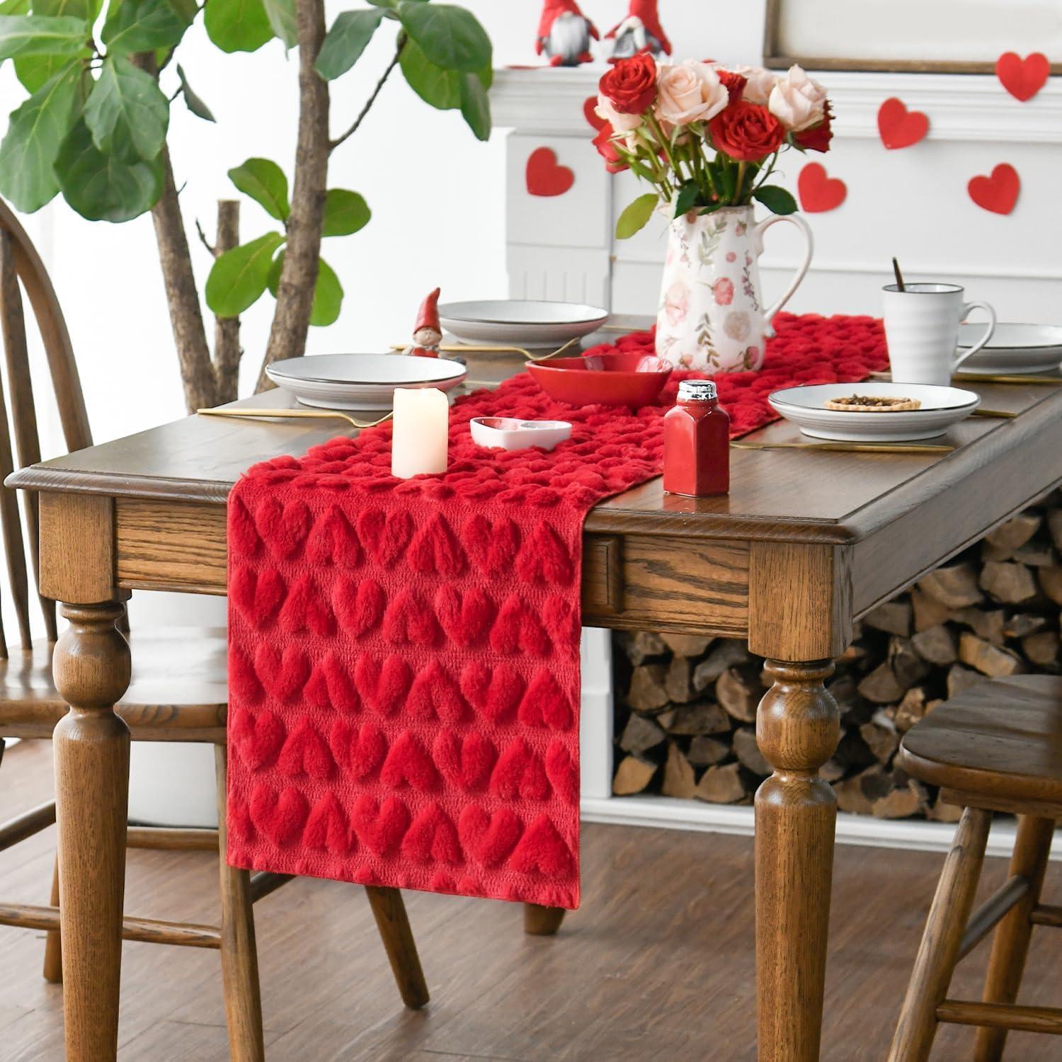 image:imageArtoid Mode White Soft Plush Faux Fur Jacquard Heart Valentines Day Table Runner Seasonal Kitchen Dining Table Decoration for Home Party Decor 13x72 InchRed