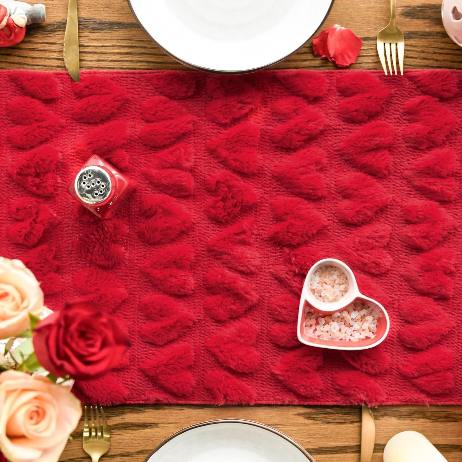 image:imageArtoid Mode White Soft Plush Faux Fur Jacquard Heart Valentines Day Table Runner Seasonal Kitchen Dining Table Decoration for Home Party Decor 13x72 InchRed