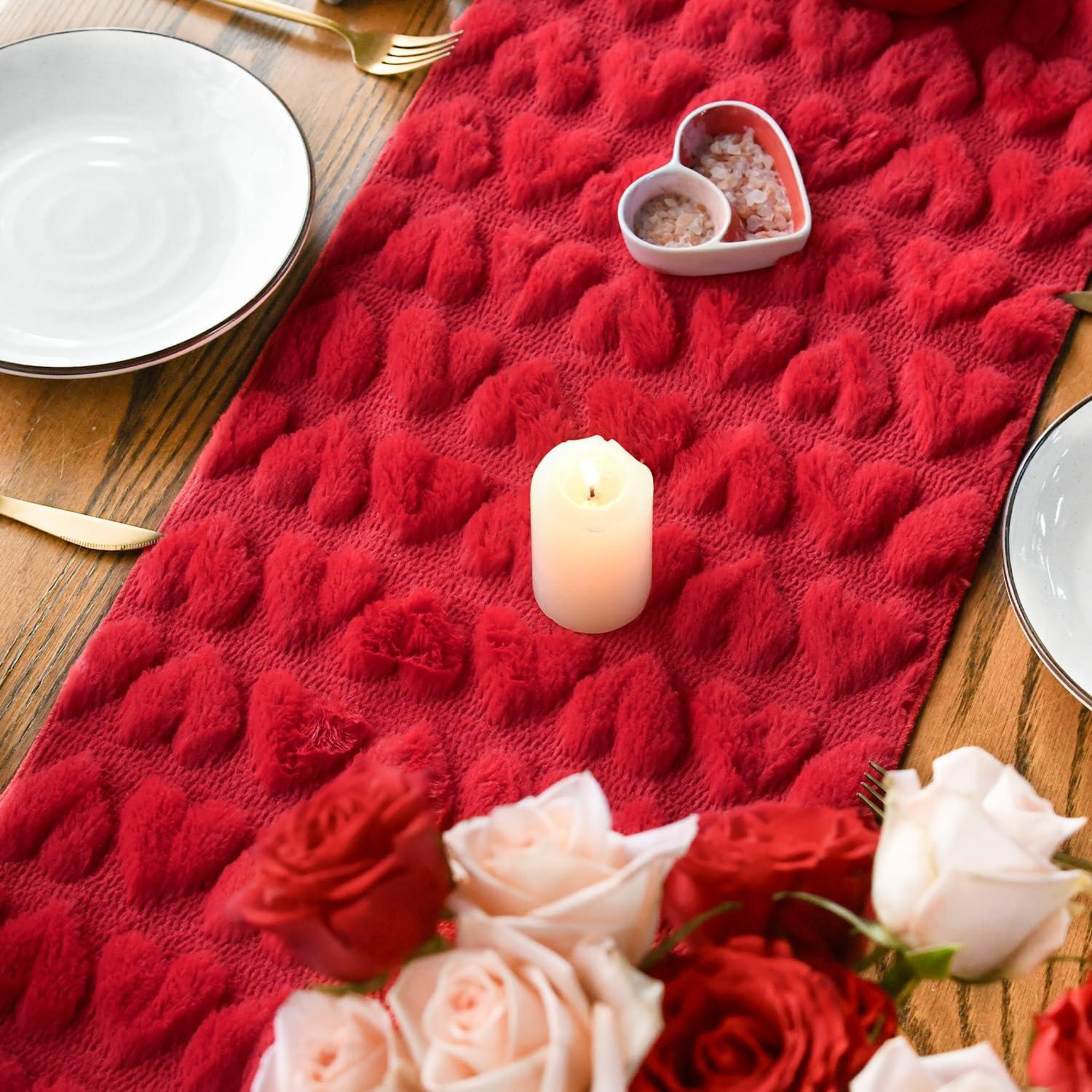 image:imageArtoid Mode White Soft Plush Faux Fur Jacquard Heart Valentines Day Table Runner Seasonal Kitchen Dining Table Decoration for Home Party Decor 13x72 InchRed