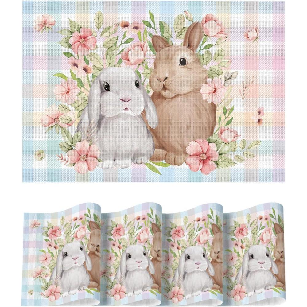 image:imageArtoid Mode Buffalo Plaid Rabbits Flowers Vinyl Easter Placemats Set of 4 12x18 Inch Wipeable NonSlip PVC Place Mats for Party Kitchen Dining DecorBluePink