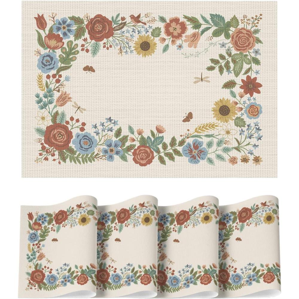 image:imageArtoid Mode Sage Florals Butterfly Spring Vinyl Placemats Set of 4 Washable NonSlip Plastic Table Mats for Vintage Holiday Party Kitchen Dining DecorBeige