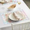Artoid Mode Buffalo Plaid Rabbits Flowers Vinyl Easter Placemats Set of 4, 12×18 Inch Wipeable Non-Slip PVC Place Mats for Party Kitchen Dining Decor(Blue/Pink)