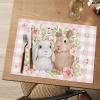 Artoid Mode Buffalo Plaid Rabbits Flowers Vinyl Easter Placemats Set of 4, 12×18 Inch Wipeable Non-Slip PVC Place Mats for Party Kitchen Dining Decor(Pink)