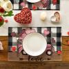 Artoid Mode Pink Car Black Buffalo Plaid Love Valentine Placemats Set of 4, 12×18 Inch Seasonal Anniversary Holiday Table Mats for Party Kitchen Dining Decoration(Black/Pink)