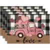 Artoid Mode Pink Car Black Buffalo Plaid Love Valentine Placemats Set of 4, 12×18 Inch Seasonal Anniversary Holiday Table Mats for Party Kitchen Dining Decoration(Black/Pink)