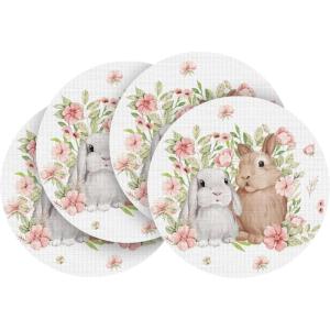 Artoid Mode Buffalo Plaid Rabbits Flowers Vinyl Easter Placemats Set of 4, 12×18 Inch Wipeable Non-Slip PVC Place Mats for Party Kitchen Dining Decor(Beige)