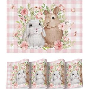 Artoid Mode Buffalo Plaid Rabbits Flowers Vinyl Easter Placemats Set of 4, 12×18 Inch Wipeable Non-Slip PVC Place Mats for Party Kitchen Dining Decor(Pink)