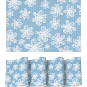 Artoid Mode Green Flowers Vinyl Spring Placemats Set of 4, Washable Heat Resistant Non-Slip Woven Plastic PVC Summer Place Mats for Farmhouse Holiday Party Dining Table Decor(Blue)
