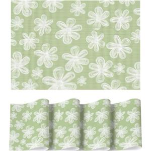 Artoid Mode Green Flowers Vinyl Spring Placemats Set of 4, Washable Heat Resistant Non-Slip Woven Plastic PVC Summer Place Mats for Farmhouse Holiday Party Dining Table Decor(Green)
