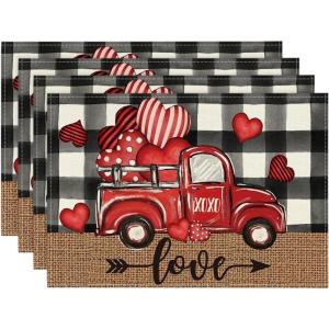 Artoid Mode Pink Car Black Buffalo Plaid Love Valentine Placemats Set of 4, 12×18 Inch Seasonal Anniversary Holiday Table Mats for Party Kitchen Dining Decoration(Black/Red)