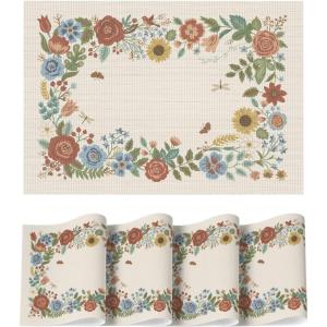 Artoid Mode Sage Florals Butterfly Spring Vinyl Placemats Set of 4, Washable Non-Slip Plastic Table Mats for Vintage Holiday Party Kitchen Dining Decor(Beige)