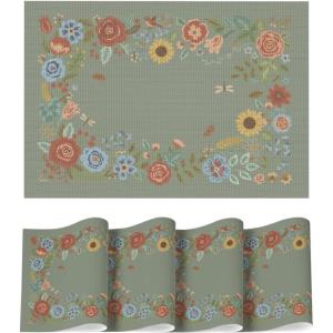 Artoid Mode Sage Florals Butterfly Spring Vinyl Placemats Set of 4, Washable Non-Slip Plastic Table Mats for Vintage Holiday Party Kitchen Dining Decor(Sage)