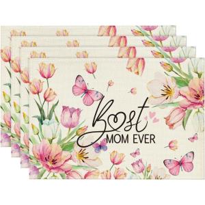 Artoid Mode Tulip Mother’s Day Placemats Set of 4, 12×18 Inch Best Mom Ever Spring Holiday Table Mats for Party Kitchen Dining Decoration