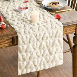 Artoid Mode White Soft Plush Faux Fur Jacquard Heart Valentine’s Day Table Runner, Seasonal Kitchen Dining Table Decoration for Home Party Decor 13×72 Inch(Beige)