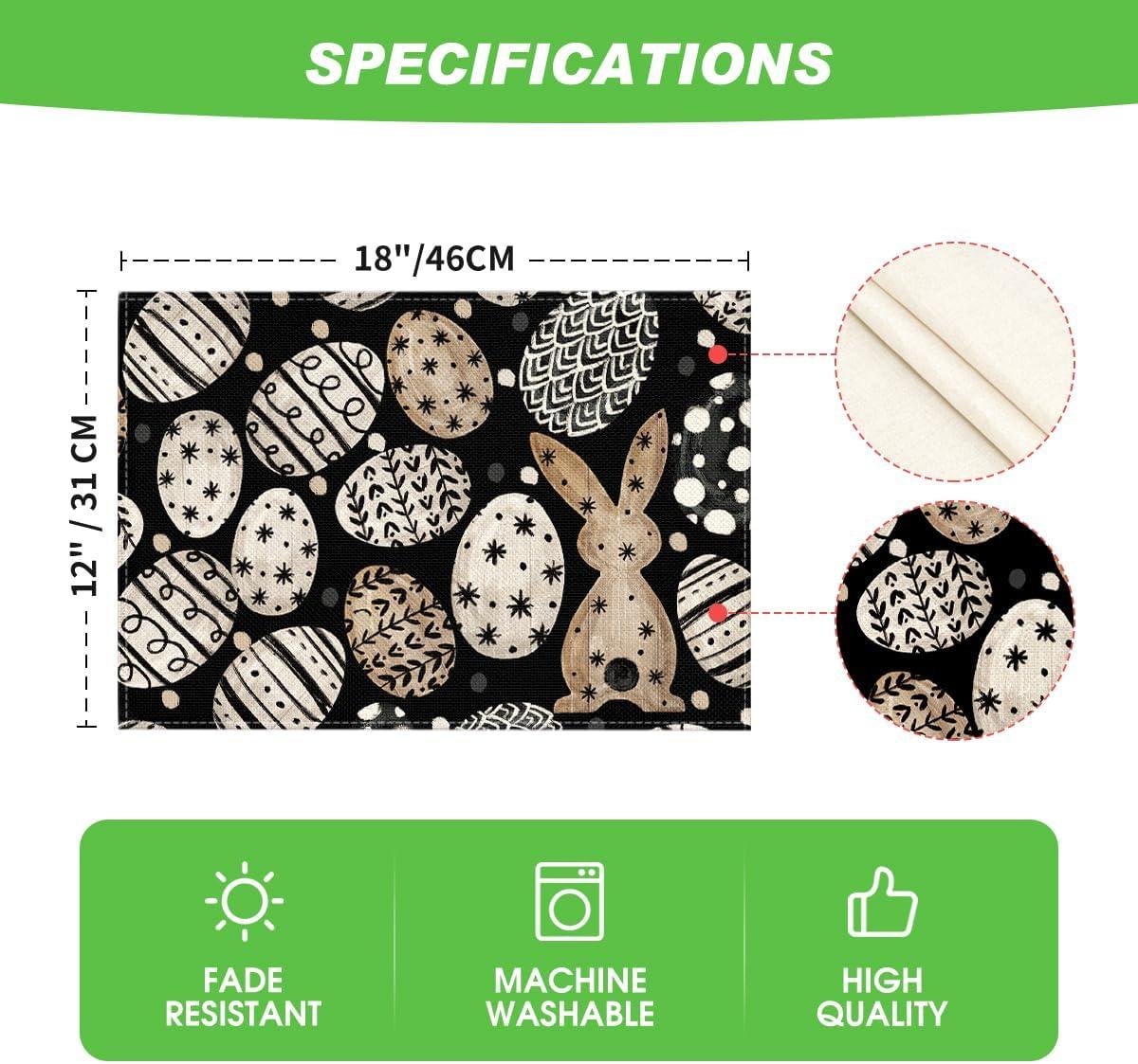 image:imageArtoid Mode Beige Bunny Rabbit Eggs Easter Placemats Set of 4 12x18 Inch Seasonal Spring Holiday Table Mats for Party Kitchen Dining DecorationBlack