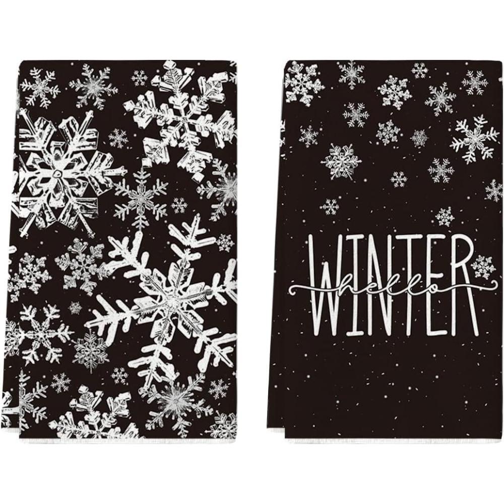 image:imageArtoid Mode Black Snowflake Hello Winter Kitchen Towels Dish Towels 18x26 Inch Farmhouse Holiday Decoration Cleaning Set of 2Black