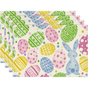 Artoid Mode Beige Bunny Rabbit Eggs Easter Placemats Set of 4, 12×18 Inch Seasonal Spring Holiday Table Mats for Party Kitchen Dining Decoration(Beige)