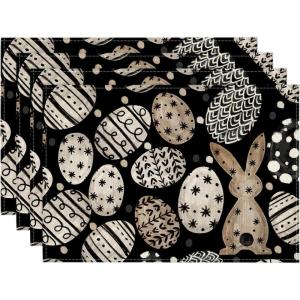 Artoid Mode Beige Bunny Rabbit Eggs Easter Placemats Set of 4, 12×18 Inch Seasonal Spring Holiday Table Mats for Party Kitchen Dining Decoration(Black)
