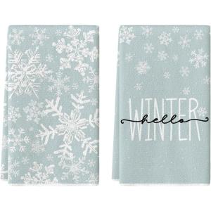 Artoid Mode Black Snowflake Hello Winter Kitchen Towels Dish Towels, 18×26 Inch Farmhouse Holiday Decoration Cleaning Set of 2(Aqua)