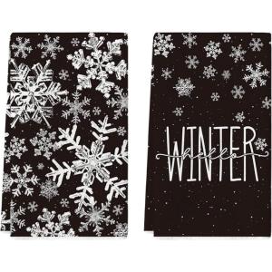 Artoid Mode Black Snowflake Hello Winter Kitchen Towels Dish Towels, 18×26 Inch Farmhouse Holiday Decoration Cleaning Set of 2(Black)
