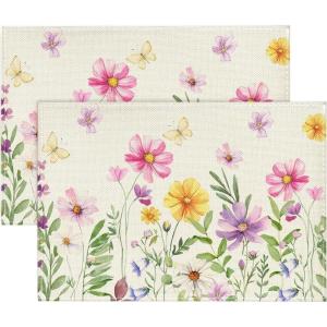 Artoid Mode Floral Butterfly Spring Placemats Set of 2, 12×18 Inch Seasonal Summer Placemats for Party Kitchen Dining Decoration(Beige)