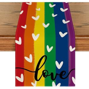 Artoid Mode Love Heart Rainbow Pride Day LGBT Table Runner, Kind Holiday Kitchen Dining Table Decoration for Home Party Decor 13×72 Inch(Multi Color)
