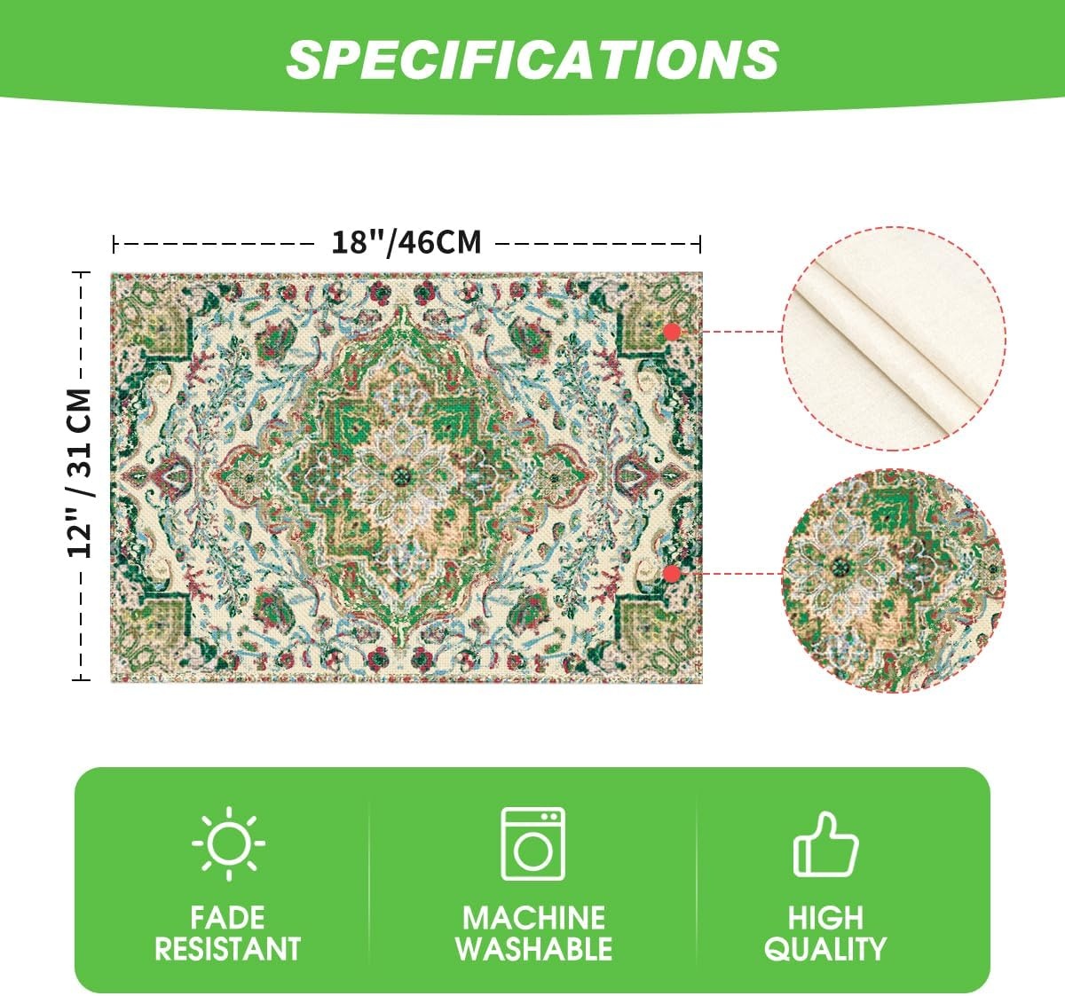 image:imageArtoid Mode Boho Placemats Set of 4 Daily Green Floral Bohemian Fall Table Mats for Home Party Dining Decoration 12x18 InchGreen
