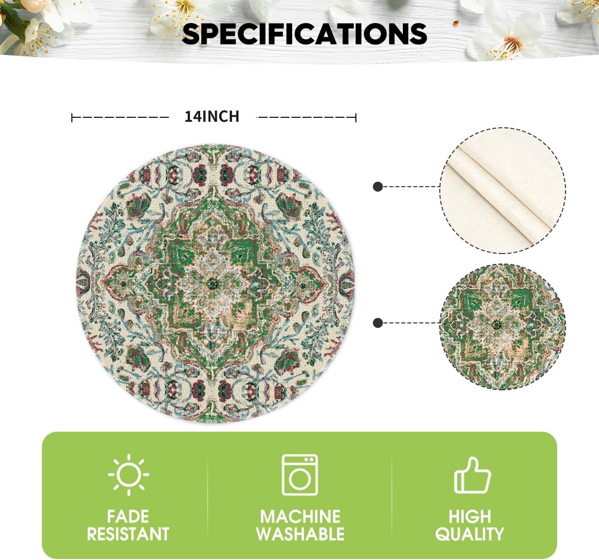 image:imageArtoid Mode Boho Placemats Set of 4 Daily Green Floral Bohemian Fall Table Mats for Home Party Dining Decoration 12x18 InchGreen