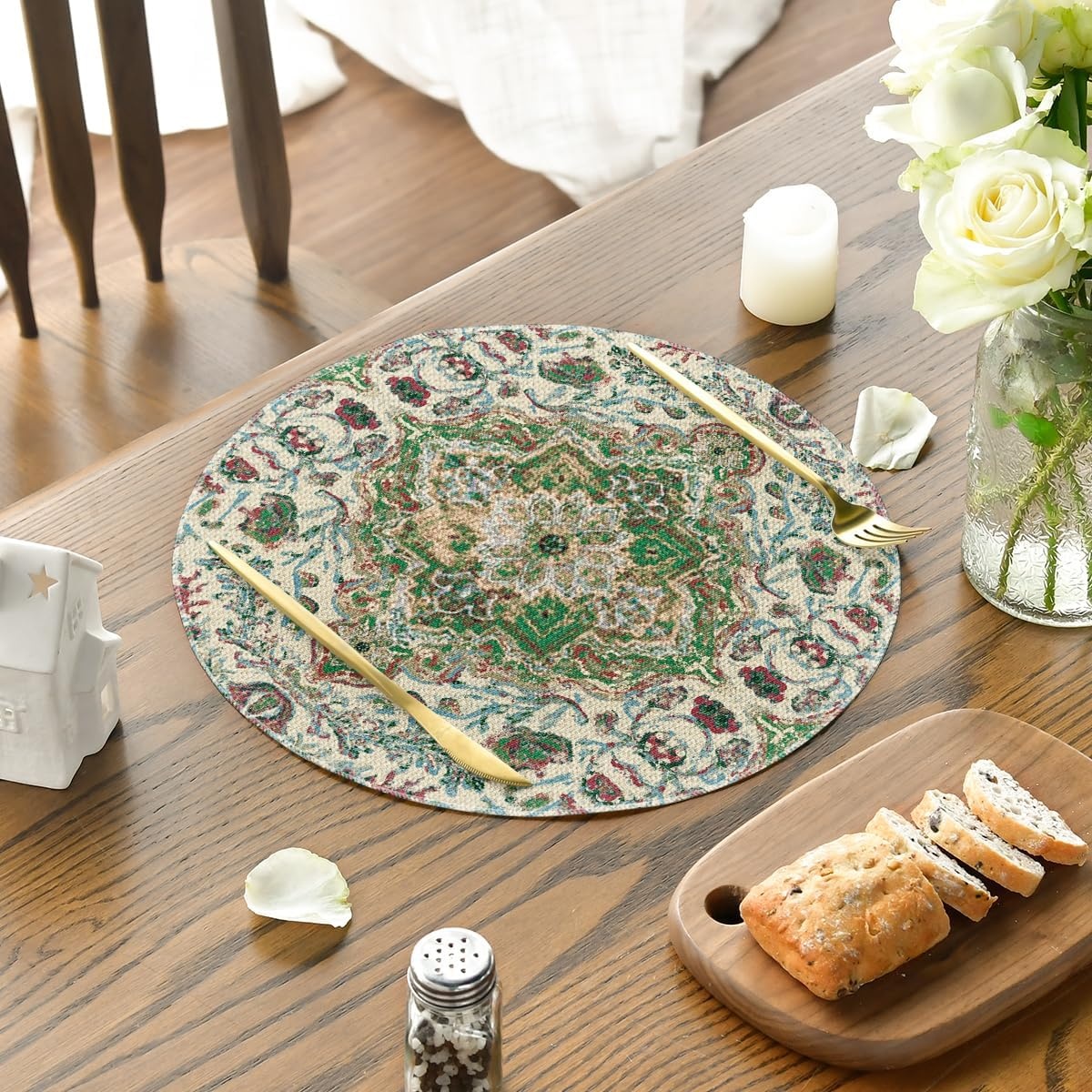 image:imageArtoid Mode Boho Placemats Set of 4 Daily Green Floral Bohemian Fall Table Mats for Home Party Dining Decoration 12x18 InchGreen