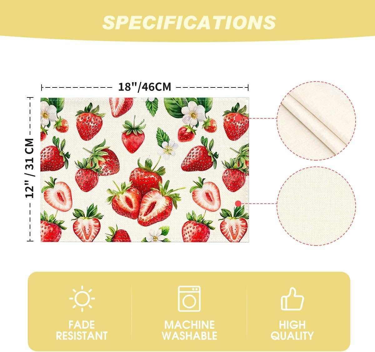 image:imageArtoid Mode Lemon Fruit Summer Placemats Set of 4 12x18 Inch Seasonal Spring Holiday Table Mats for Party Kitchen Dining DecorationBeigeStrawberry