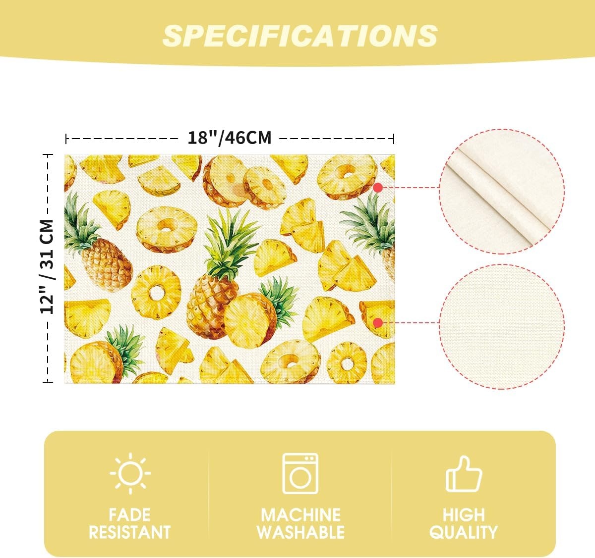 image:imageArtoid Mode Lemon Fruit Summer Placemats Set of 4 12x18 Inch Seasonal Spring Holiday Table Mats for Party Kitchen Dining DecorationYellowPineapple