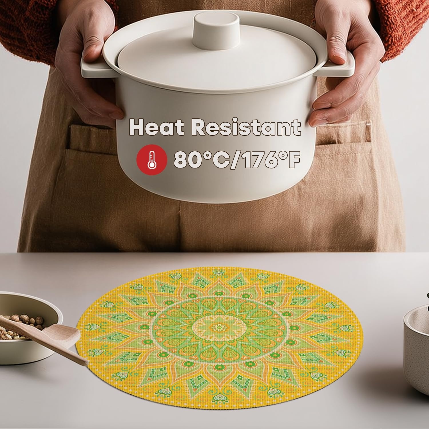 image:imageArtoid Mode Pink Mandala Vinyl Plastic Placemats Set of 4 14 Inch Washable NonSlip Woven Round Table Mats for Party Kitchen Dining DecorYellow
