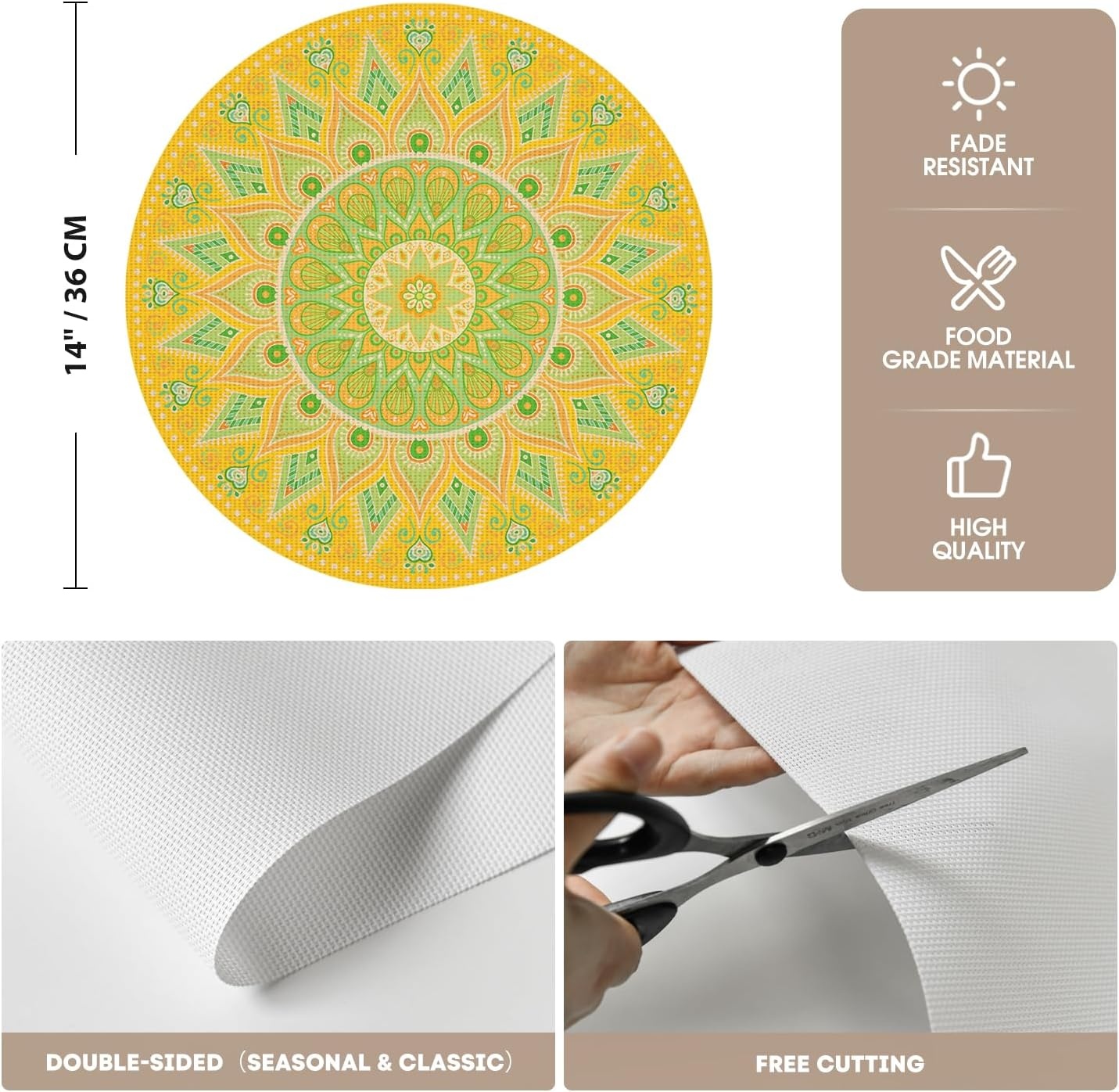 image:imageArtoid Mode Pink Mandala Vinyl Plastic Placemats Set of 4 14 Inch Washable NonSlip Woven Round Table Mats for Party Kitchen Dining DecorYellow