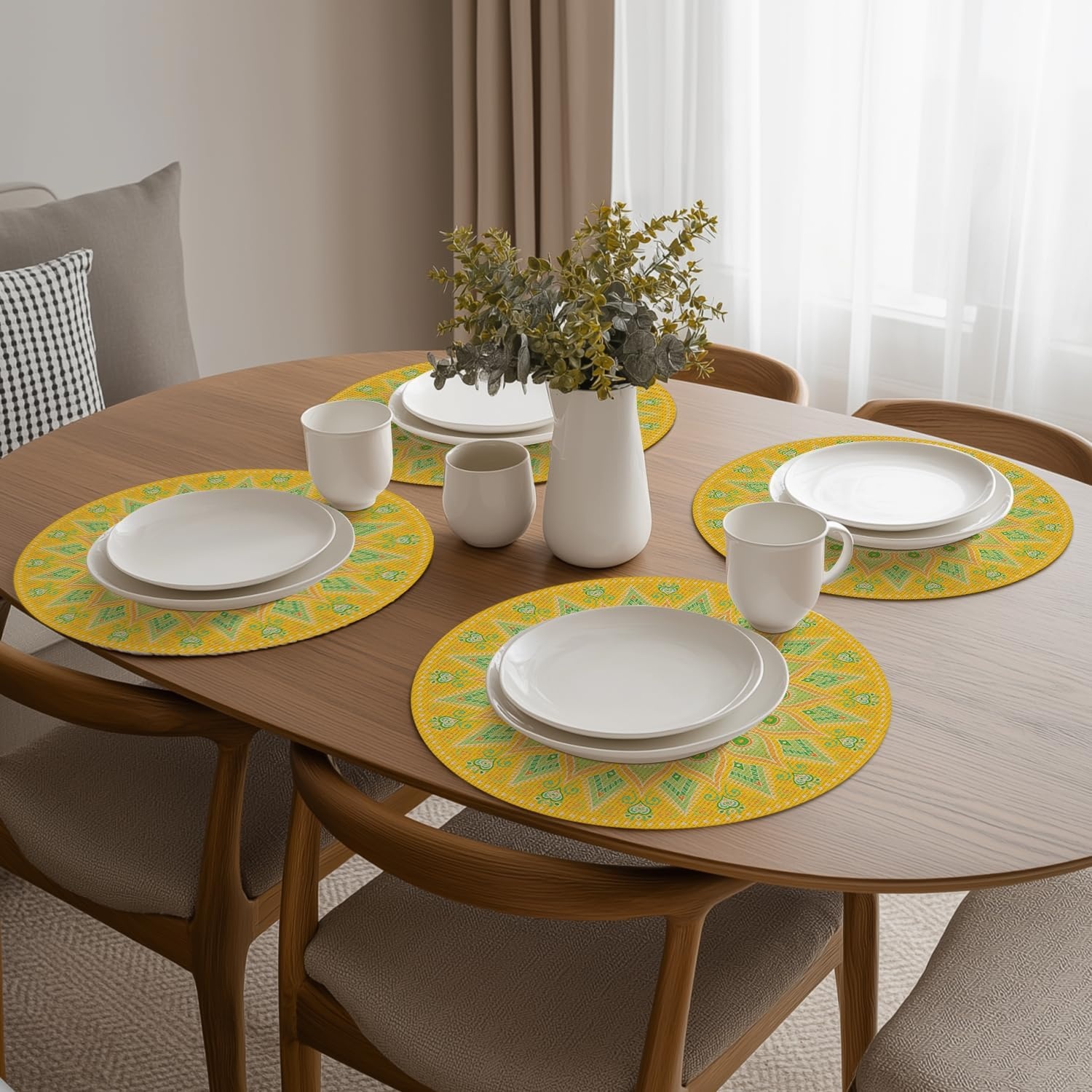 image:imageArtoid Mode Pink Mandala Vinyl Plastic Placemats Set of 4 14 Inch Washable NonSlip Woven Round Table Mats for Party Kitchen Dining DecorYellow
