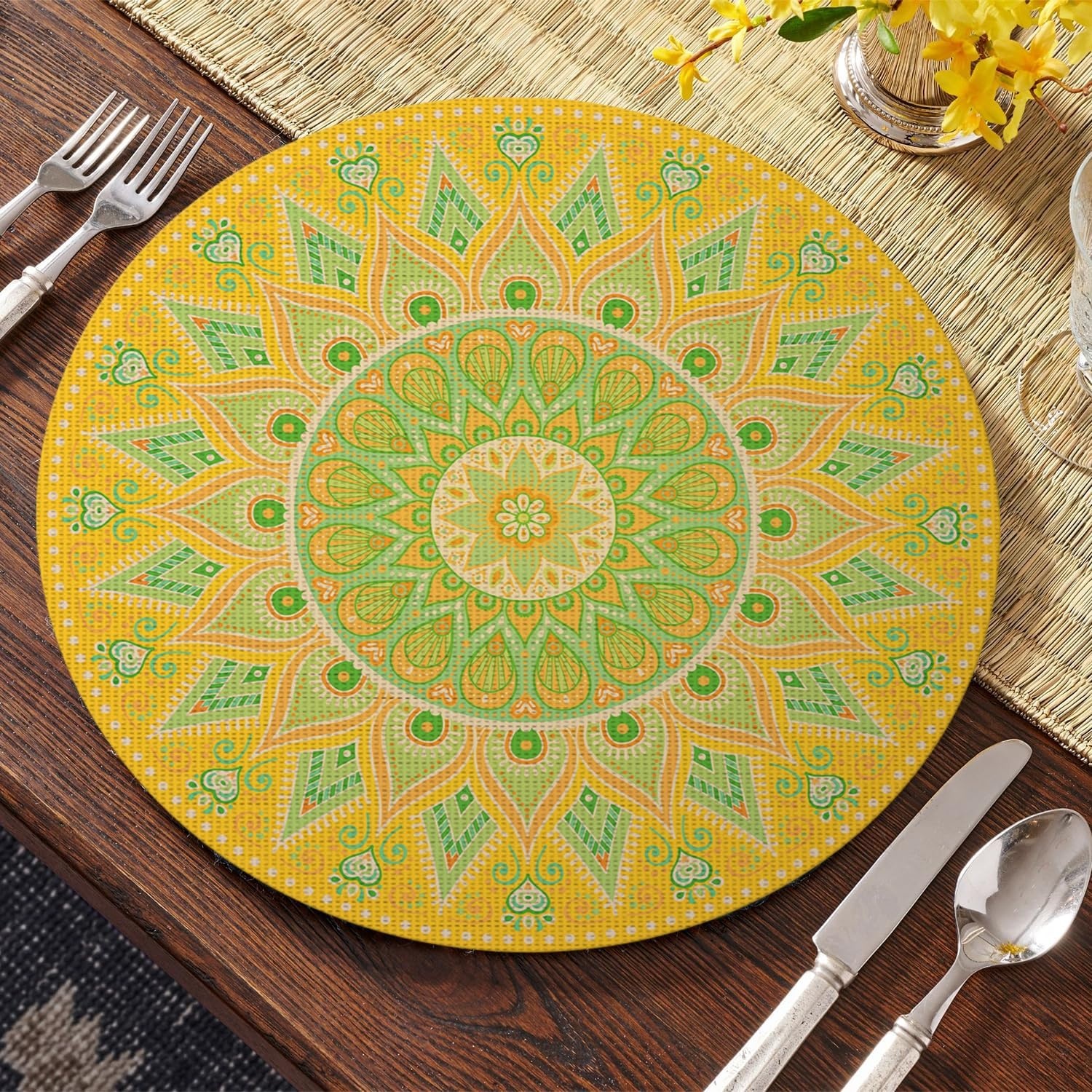 image:imageArtoid Mode Pink Mandala Vinyl Plastic Placemats Set of 4 14 Inch Washable NonSlip Woven Round Table Mats for Party Kitchen Dining DecorYellow