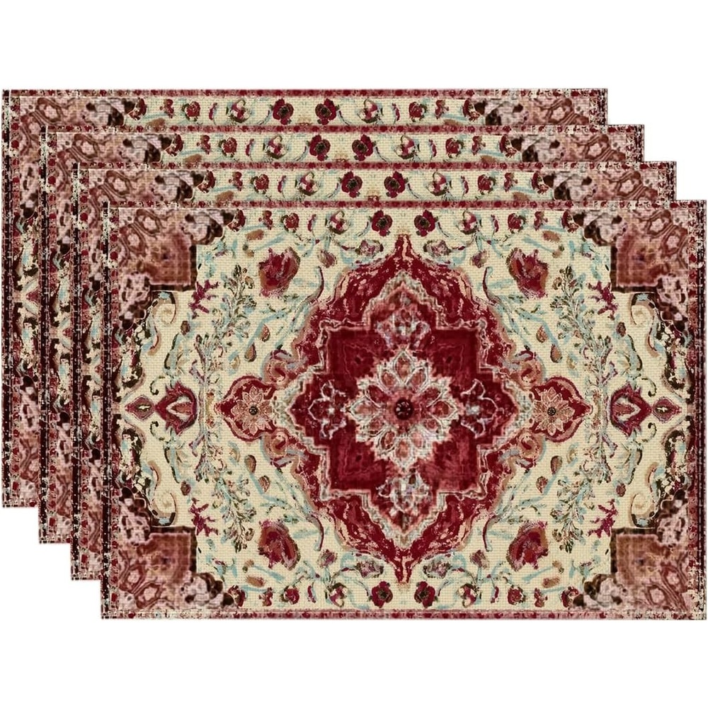 image:imageArtoid Mode Boho Placemats Set of 4 Daily Green Floral Bohemian Fall Table Mats for Home Party Dining Decoration 12x18 InchRedBeige