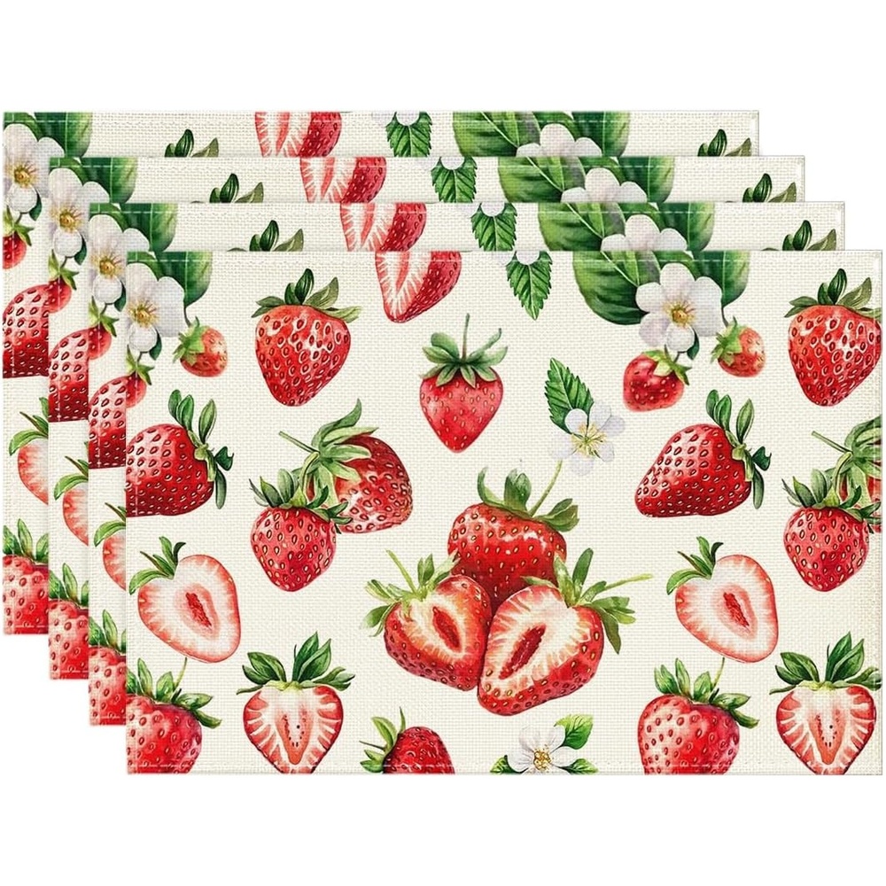 image:imageArtoid Mode Lemon Fruit Summer Placemats Set of 4 12x18 Inch Seasonal Spring Holiday Table Mats for Party Kitchen Dining DecorationBeigeStrawberry