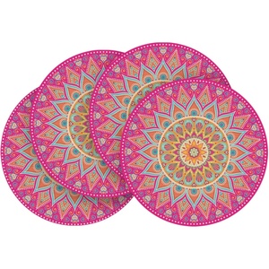 Artoid Mode Pink Mandala Vinyl Plastic Placemats Set of 4, 14 Inch Washable Non-Slip Woven Round Table Mats for Party Kitchen Dining Decor(Pink)
