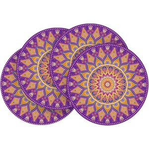 Artoid Mode Pink Mandala Vinyl Plastic Placemats Set of 4, 14 Inch Washable Non-Slip Woven Round Table Mats for Party Kitchen Dining Decor(Purple)