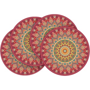 Artoid Mode Pink Mandala Vinyl Plastic Placemats Set of 4, 14 Inch Washable Non-Slip Woven Round Table Mats for Party Kitchen Dining Decor(Red)